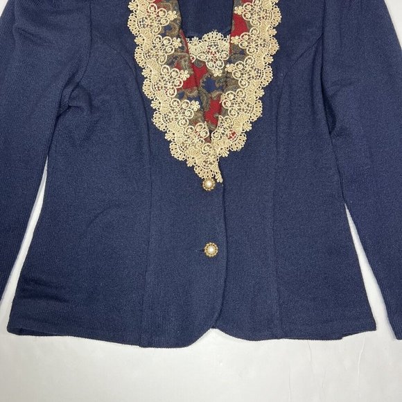 Vtg Jeffrey and Dara Women's Sz 9/10 Blue and Paisley Blazer Jacket Lace Collar - Picture 6 of 12